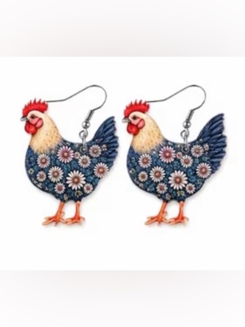 Navy Blue Floral Chicken Dangle Earrings - Pet Bird Theme